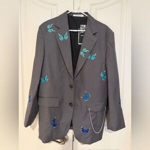 I3DE MARZO Paris Butterfly Embroidered Blazer Women’s Size M Gray Chain Detail